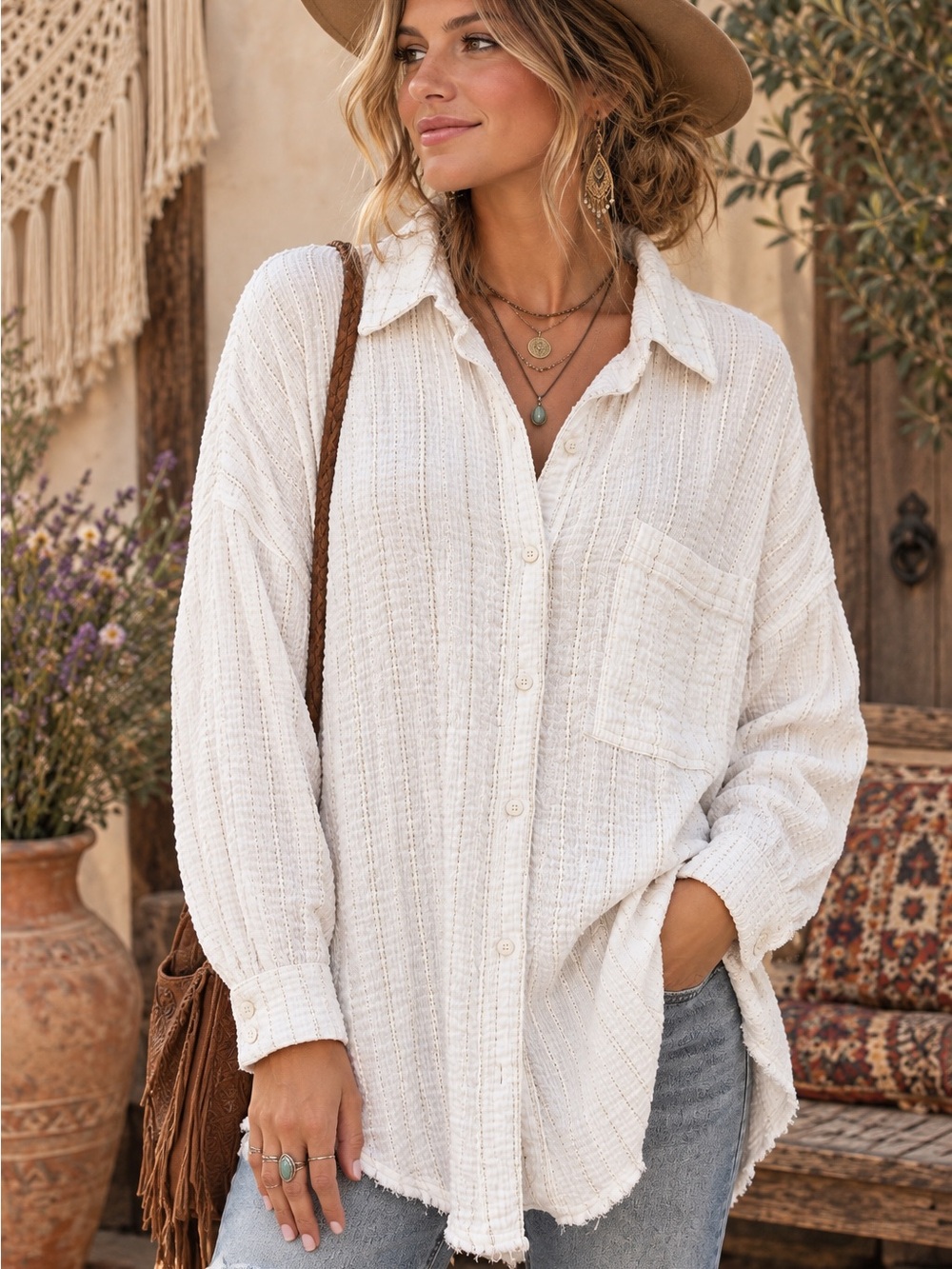 Aerie White Textured Gauze Metallic Striped Button Down Shirt XL Boho Casual